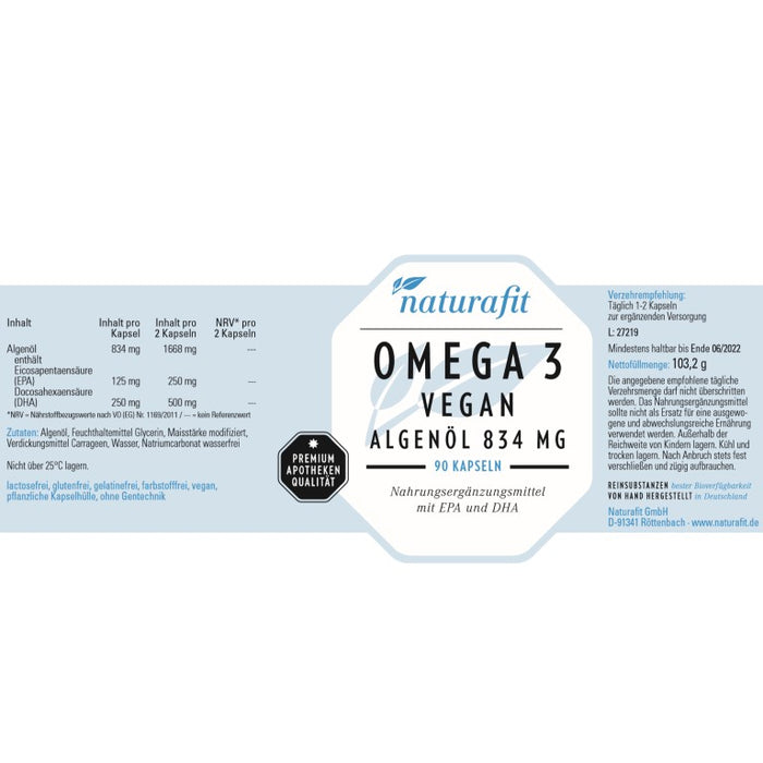 naturafit Omega 3 vegan Algenöl 834 mg Kapseln, 90 St. Kapseln