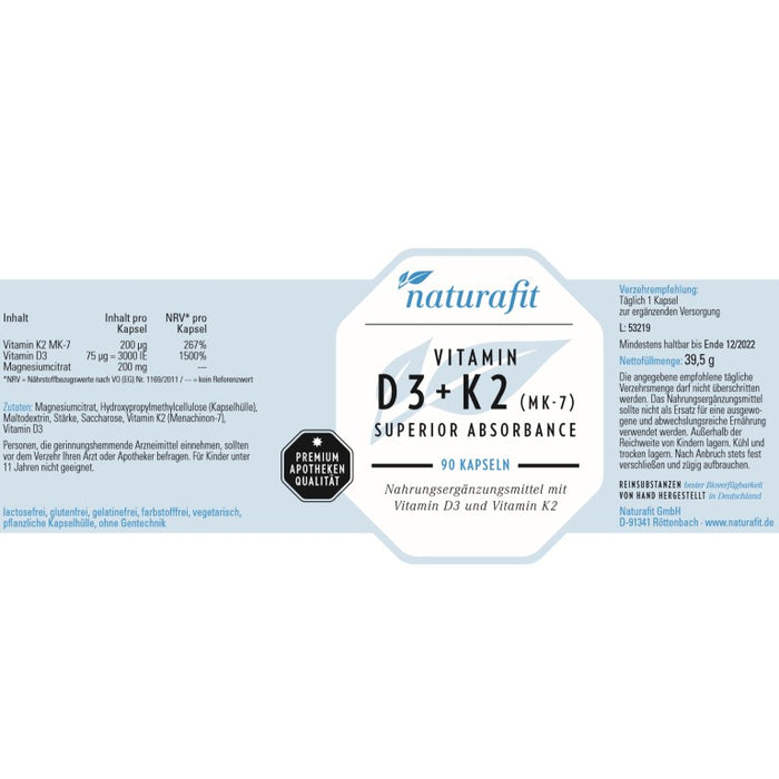 naturafit Vitamin D3 + K2 Mk-7 superior absorbance Kapseln, 90 St. Kapseln