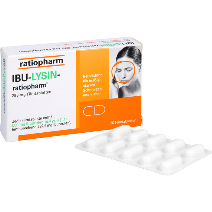 IBU-LYSIN-ratiopharm 293 mg Filmtabletten bei Schmerzen und Fieber, 20 St. Tabletten