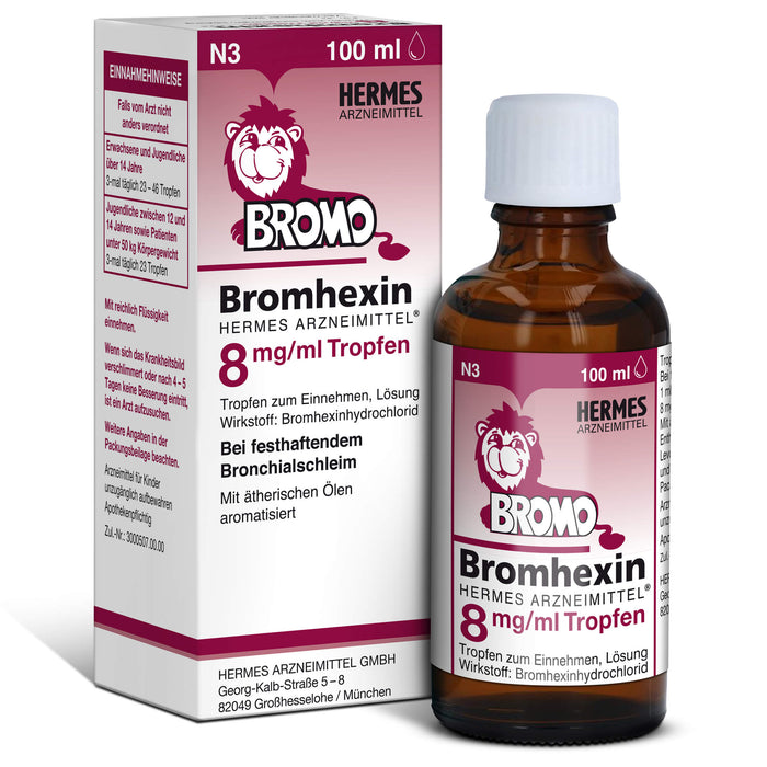 HERMES Bromhexin 8 mg/ml Tropfen bei festhaftendem Bronchialschleim, 100 ml Lösung