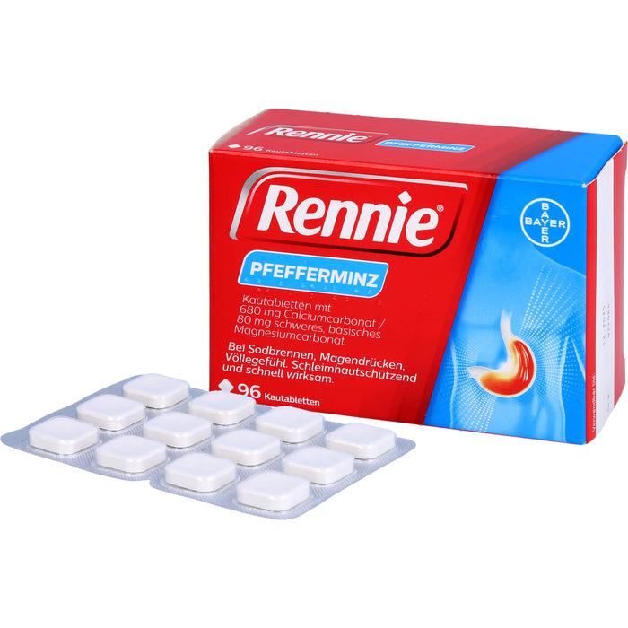 Rennie Kautabletten bei Sodbrennen, Magendrücken und Völlegefühl Pfefferminze, 96 St. Tabletten