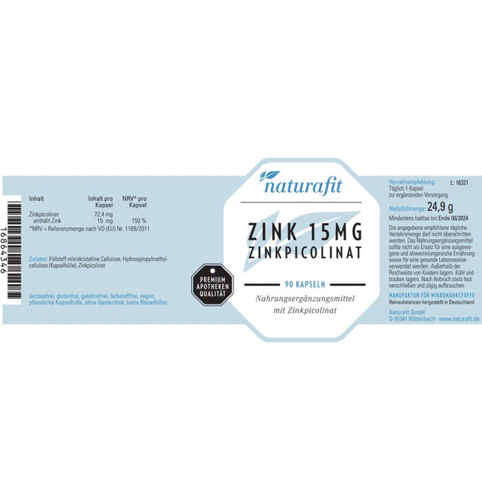 naturafit Zink 15 mg Zinkpicolinat, 90 St KAP