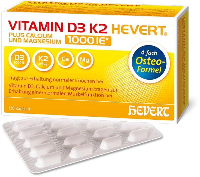 Vitamin D3 K2 Hevert plus Ca Mg 1000 IE/2 Kapseln, 120 St. Kapseln