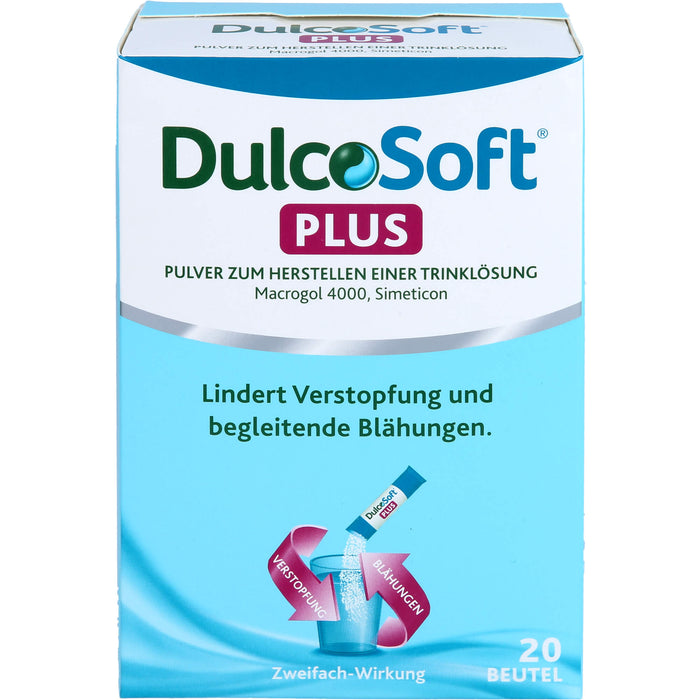 DulcoSoft Plus mit Macrogol und Simeticon Pulver lindert Verstopfung und begleitende Blähungen, 20 St. Beutel