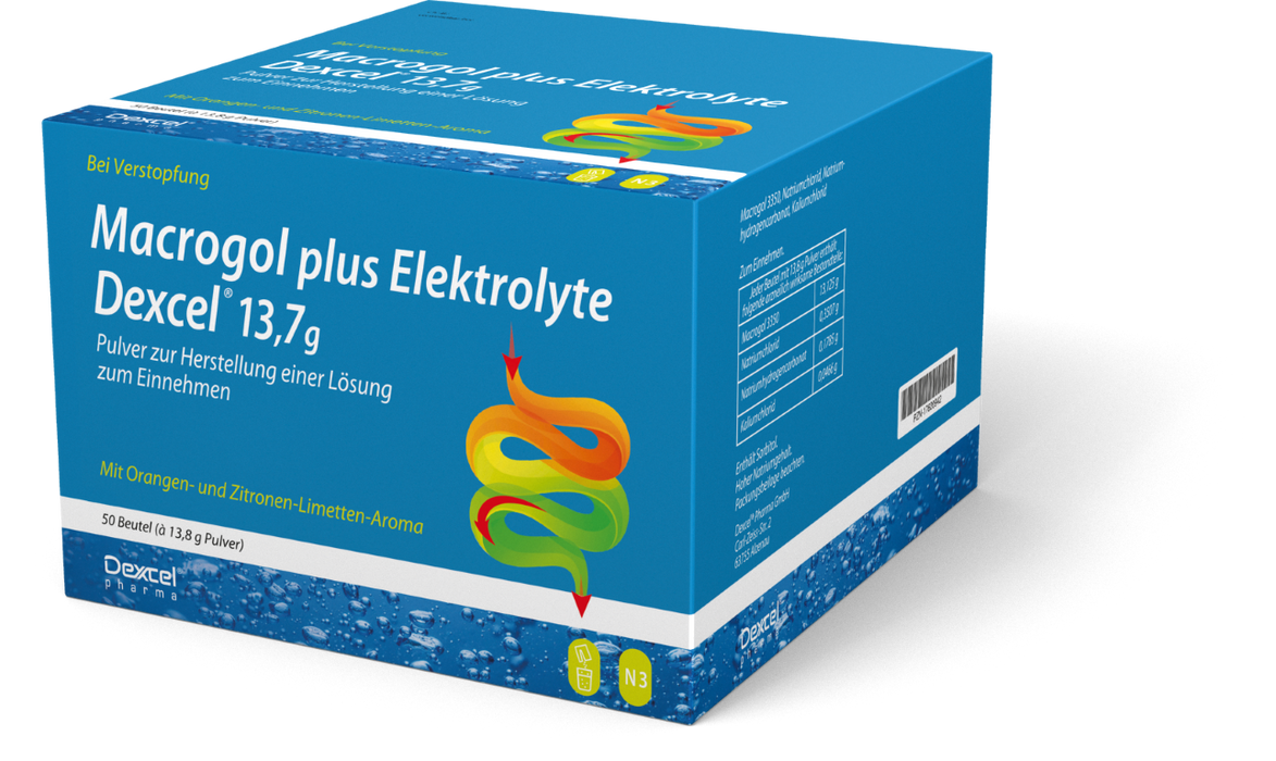 Dexcel Macrogol plus Elektrolyte Pulver bei Verstopfung mit Orangen- und Zitronen-Limetten-Aroma, 50 St. Beutel