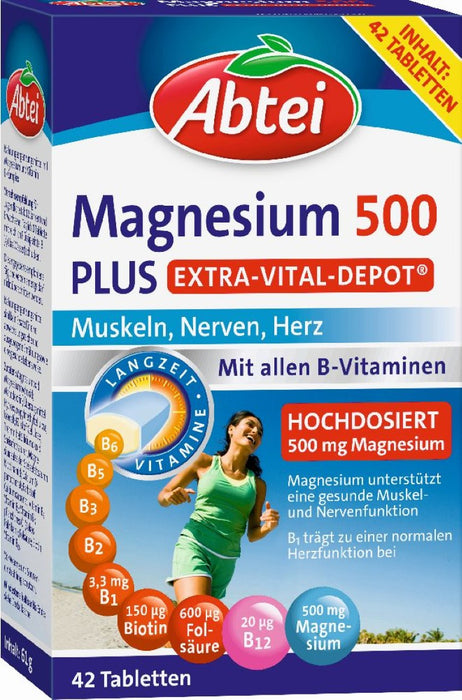 Abtei Magnesium 500 Plus Extra Vital Depot Tabletten für Muskeln, Nerven und Herz, 42 St. Tabletten