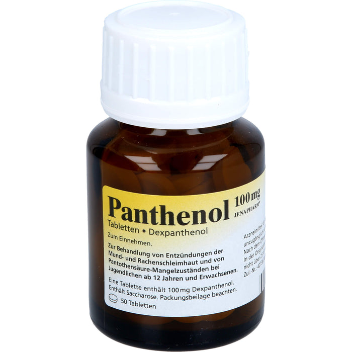Panthenol 100 mg JENAPHARM Tabletten zur Behandlung von Entzündungen der Mund- und Rachenschleimhaut und von Pantothensäure-Mangelzuständen, 50 St. Tabletten