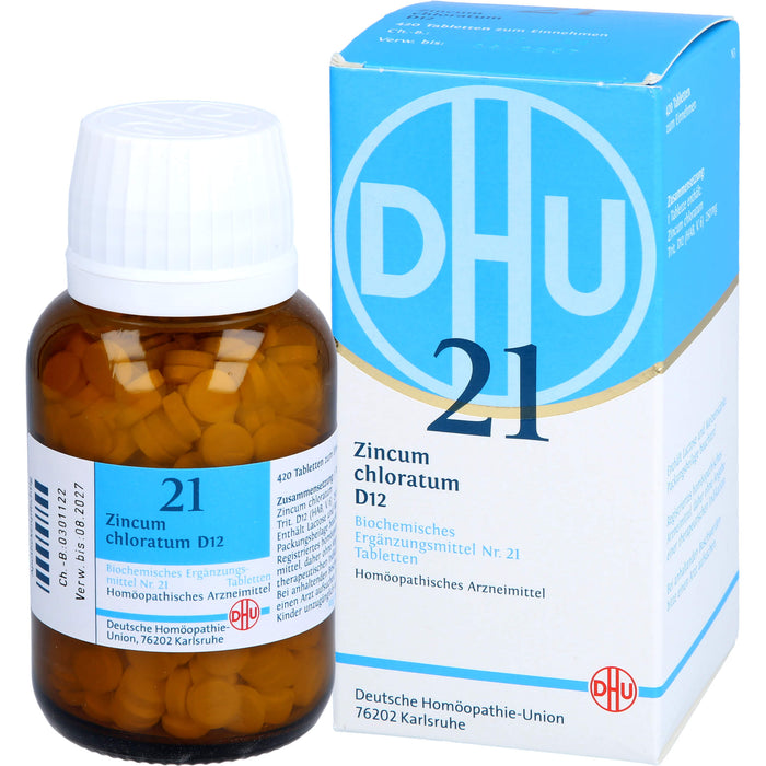 DHU Zincum chloratum D12 Biochemisches Ergänzungsmittel Nr. 21 – Das Mineralsalz des Nervenstoffwechsels – umweltfreundlich im Arzneiglas, 420 St. Tabletten