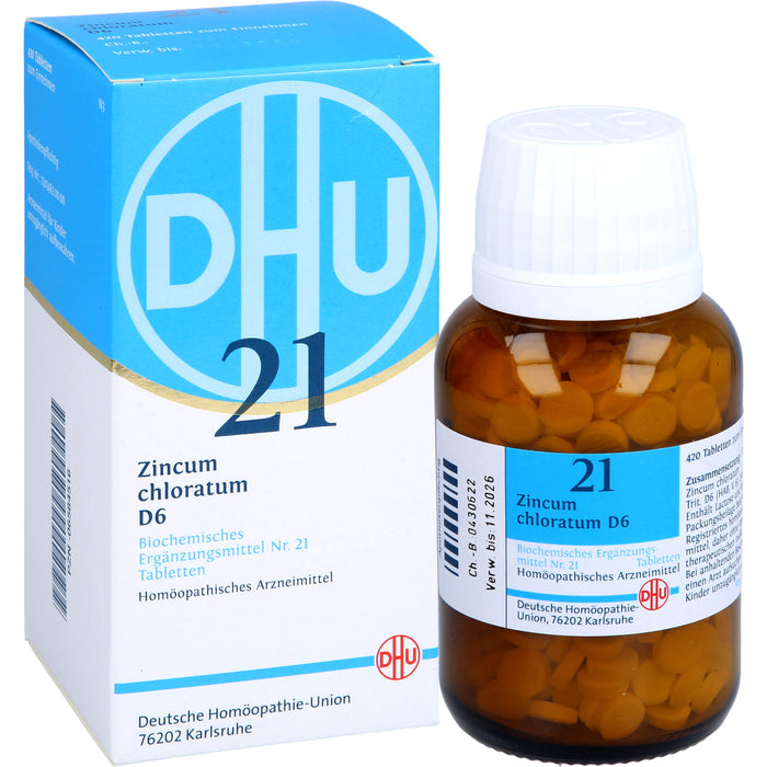 DHU Zincum chloratum D6 Biochemisches Ergänzungsmittel Nr. 21 – Das Mineralsalz des Nervenstoffwechsels – umweltfreundlich im Arzneiglas, 420 St. Tabletten