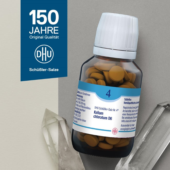 DHU Schüßler-Salz Nr. 4 Kalium chloratum D6 – Das Mineralsalz der Schleimhäute – das Original – umweltfreundlich im Arzneiglas, 200 St. Tabletten
