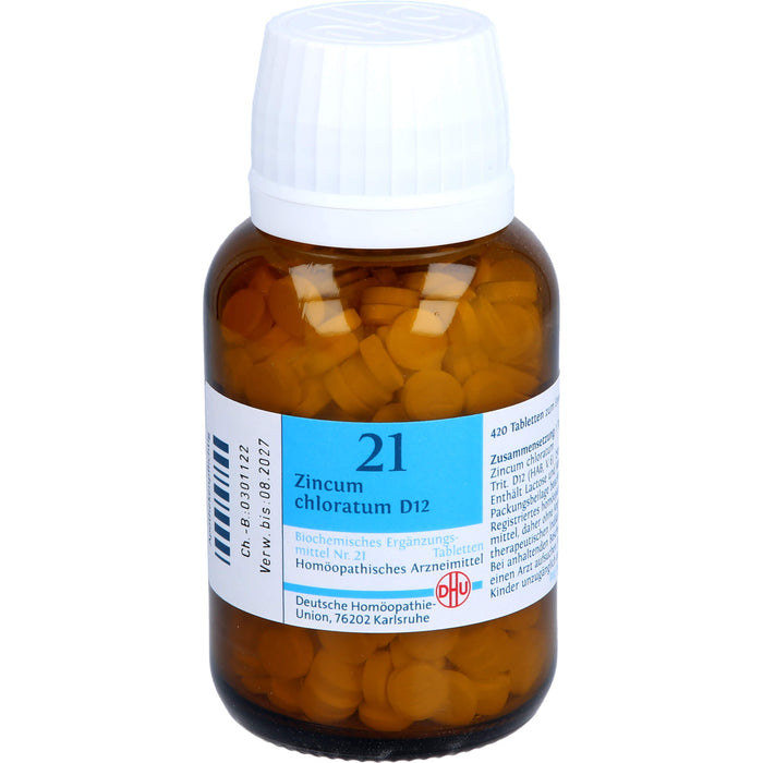 DHU Zincum chloratum D12 Biochemisches Ergänzungsmittel Nr. 21 – Das Mineralsalz des Nervenstoffwechsels – umweltfreundlich im Arzneiglas, 420 St. Tabletten